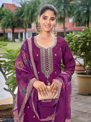 Women's Viscose Chanderi Embroidered Straight Kurta Pant With Dupatta-ME133-TAMCDNGPRPL