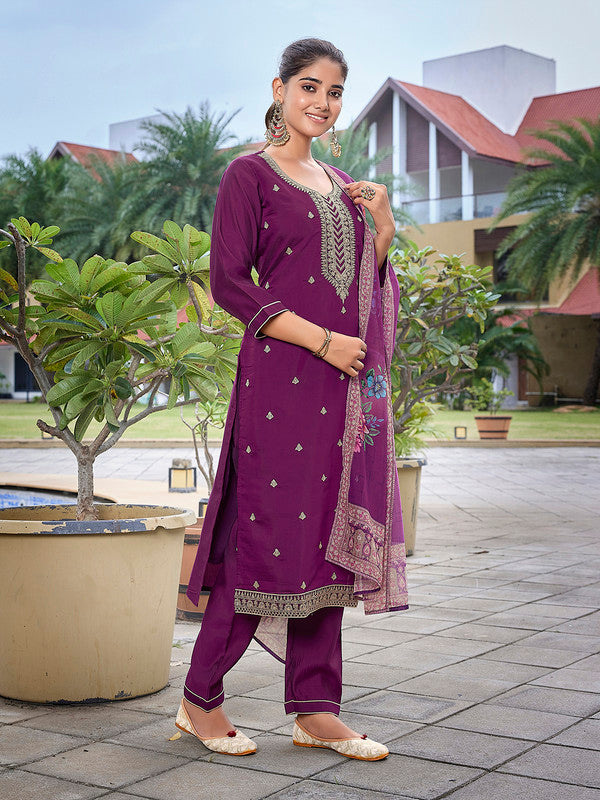 Women's Viscose Chanderi Embroidered Straight Kurta Pant With Dupatta