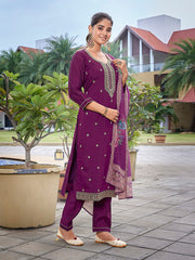 Women's Viscose Chanderi Embroidered Straight Kurta Pant With Dupatta-ME133-TAMCDNGPRPL
