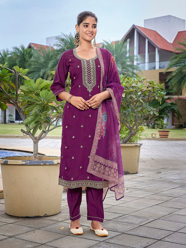 Women's Viscose Chanderi Embroidered Straight Kurta Pant With Dupatta