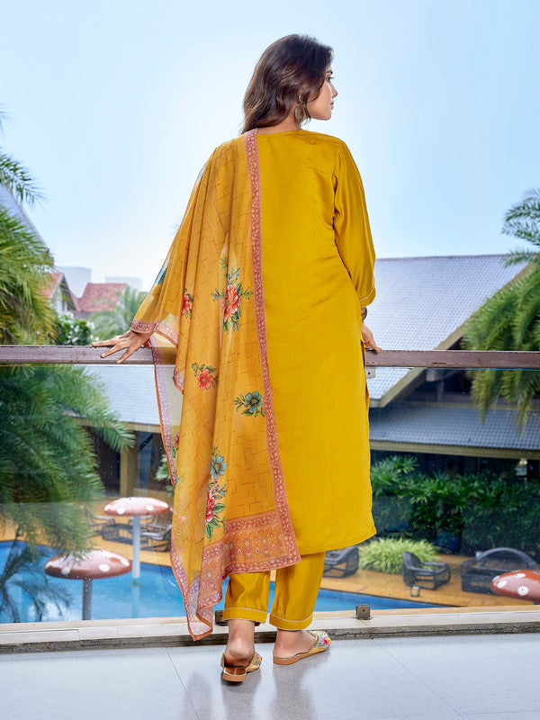 Women's Viscose Chanderi Embroidered Straight Kurta Pant With Dupatta