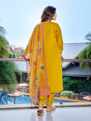 Women's Viscose Chanderi Embroidered Straight Kurta Pant With Dupatta-ME134-TAMCDNGYELO