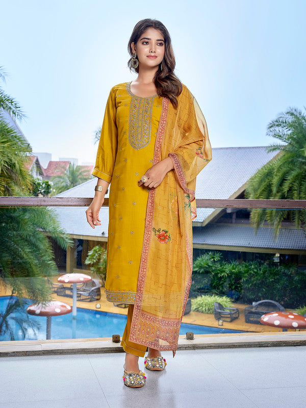Women's Viscose Chanderi Embroidered Straight Kurta Pant With Dupatta