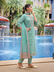 Women's Viscose Chanderi Embroidered Straight Kurta Pant With Dupatta-ME135-TAMCDNGSEAGRN