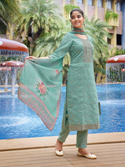 Women's Viscose Chanderi Embroidered Straight Kurta Pant With Dupatta-ME135-TAMCDNGSEAGRN