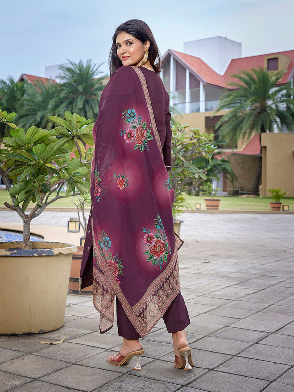 Women's Viscose Chanderi Embroidered Straight Kurta Pant With Dupatta-ME136-TAMCDNGWINE