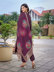 Women's Viscose Chanderi Embroidered Straight Kurta Pant With Dupatta-ME136-TAMCDNGWINE
