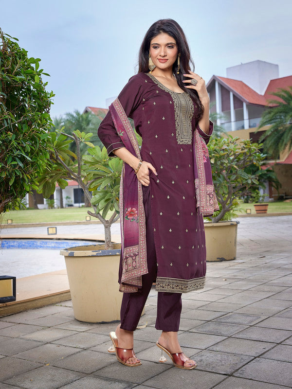 Women's Viscose Chanderi Embroidered Straight Kurta Pant With Dupatta