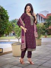 Women's Viscose Chanderi Embroidered Straight Kurta Pant With Dupatta-ME136-TAMCDNGWINE