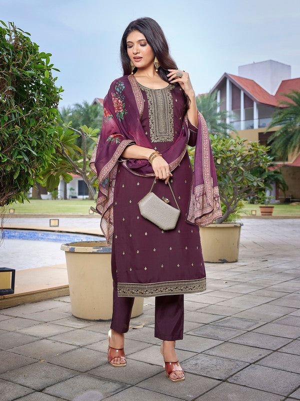Women's Viscose Chanderi Embroidered Straight Kurta Pant With Dupatta