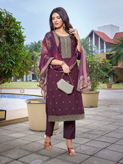 Women's Viscose Chanderi Embroidered Straight Kurta Pant With Dupatta-ME136-TAMCDNGWINE
