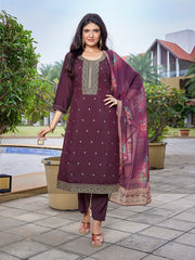 Women's Viscose Chanderi Embroidered Straight Kurta Pant With Dupatta-ME136-TAMCDNGWINE