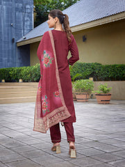 Women's Viscose Chanderi Embroidered Straight Kurta Pant With Dupatta-ME137-TAMCDNGMRON