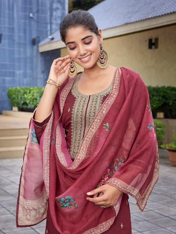Women's Viscose Chanderi Embroidered Straight Kurta Pant With Dupatta