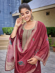 Women's Viscose Chanderi Embroidered Straight Kurta Pant With Dupatta-ME137-TAMCDNGMRON
