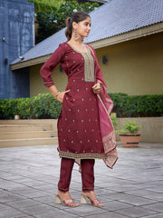 Women's Viscose Chanderi Embroidered Straight Kurta Pant With Dupatta-ME137-TAMCDNGMRON