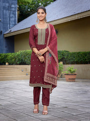 Women's Viscose Chanderi Embroidered Straight Kurta Pant With Dupatta-ME137-TAMCDNGMRON