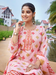 Women's Cotton Blend Printed Straight Kurta Pant With Dupatta-ME138-MGIC-PINK