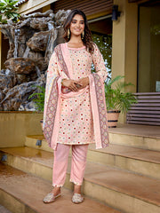 Women's Cotton Blend Printed Straight Kurta Pant With Dupatta-ME140-MGIC-BABYPINK