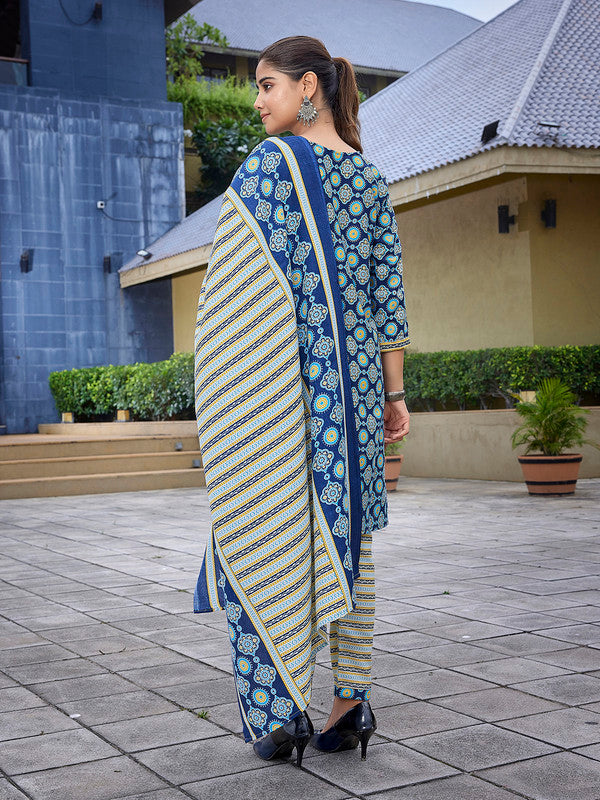 Women's Cotton Blend Printed Straight Kurta Pant With Dupatta
