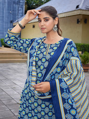 Women's Cotton Blend Printed Straight Kurta Pant With Dupatta-ME141-MGIC-BLU