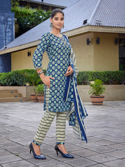 Women's Cotton Blend Printed Straight Kurta Pant With Dupatta-ME141-MGIC-BLU