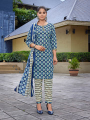 Women's Cotton Blend Printed Straight Kurta Pant With Dupatta-ME141-MGIC-BLU