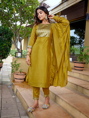 Women's Silk Blend Solid Straight Kurta Pant With Dupatta-ME142-VG-Mustrd