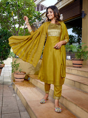 Women's Silk Blend Solid Straight Kurta Pant With Dupatta-ME142-VG-Mustrd