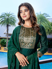 Women's Silk Blend Solid Straight Kurta Pant With Dupatta-ME143-VG-GRN
