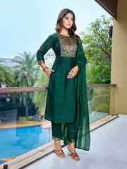 Women's Silk Blend Solid Straight Kurta Pant With Dupatta-ME143-VG-GRN