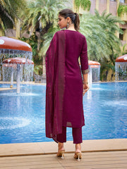 Women's Silk Blend Solid Straight Kurta Pant With Dupatta-ME144-VG-WINE