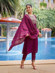 Women's Silk Blend Solid Straight Kurta Pant With Dupatta-ME144-VG-WINE