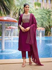 Women's Silk Blend Solid Straight Kurta Pant With Dupatta-ME144-VG-WINE