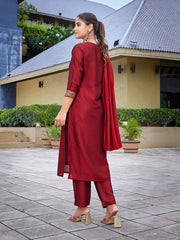 Women's Silk Blend Solid Straight Kurta Pant With Dupatta-ME146-VG-RED
