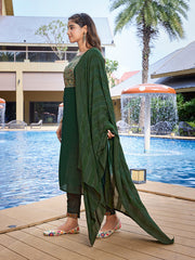 Women's Silk Blend Solid Straight Kurta Pant With Dupatta-ME147-VG-BOTLGRN