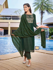 Women's Silk Blend Solid Straight Kurta Pant With Dupatta-ME147-VG-BOTLGRN