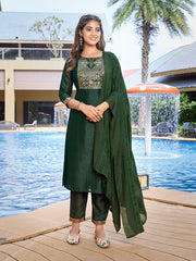 Women's Silk Blend Solid Straight Kurta Pant With Dupatta-ME147-VG-BOTLGRN