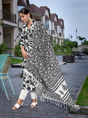 Women's Viscose Printed Flared Kurta Pant With Dupatta-ME150-surbhiWhtblck-SKD