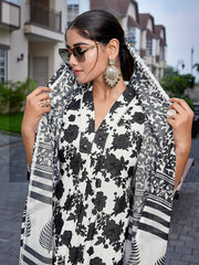 Women's Viscose Printed Flared Kurta Pant With Dupatta-ME150-surbhiWhtblck-SKD