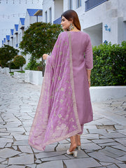 Women's Chanderi Embroidered Straight Kurta Pant With Dupatta-ME153-surbhiPurpl-SKD