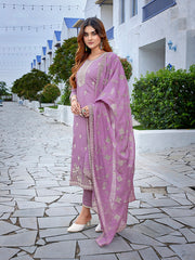 Women's Chanderi Embroidered Straight Kurta Pant With Dupatta-ME153-surbhiPurpl-SKD