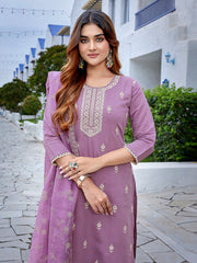 Women's Chanderi Embroidered Straight Kurta Pant With Dupatta-ME153-surbhiPurpl-SKD