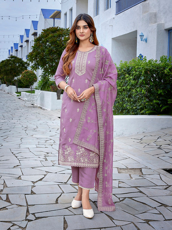 Women's Chanderi Embroidered Straight Kurta Pant With Dupatta-ME153-surbhiPurpl-SKD