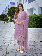 Women's Chanderi Embroidered Straight Kurta Pant With Dupatta-ME153-surbhiPurpl-SKD