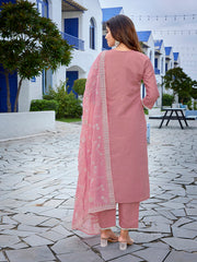Women's Chanderi Embroidered Straight Kurta Pant With Dupatta-ME154-surbhiPink-SKD