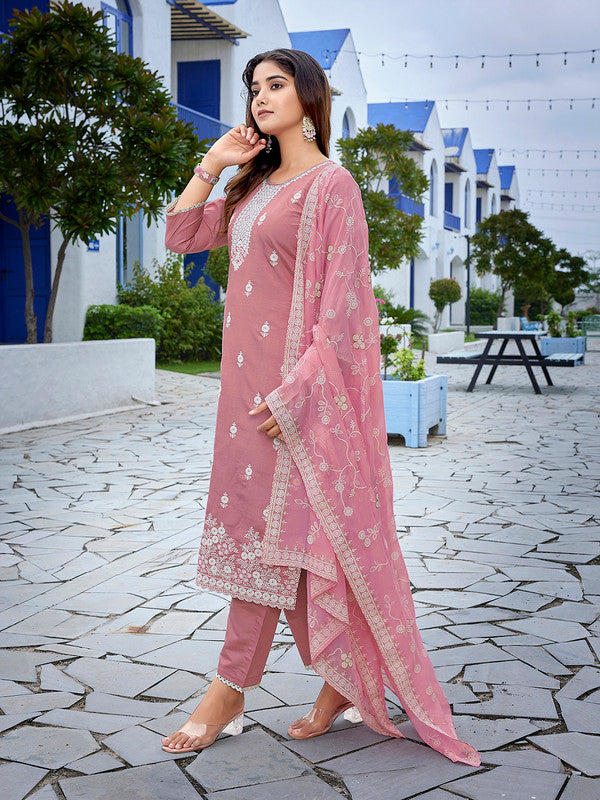 Women's Chanderi Embroidered Straight Kurta Pant With Dupatta