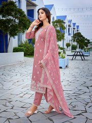 Women's Chanderi Embroidered Straight Kurta Pant With Dupatta-ME154-surbhiPink-SKD