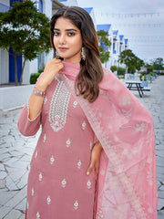 Women's Chanderi Embroidered Straight Kurta Pant With Dupatta-ME154-surbhiPink-SKD