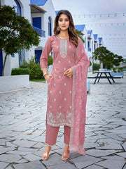 Women's Chanderi Embroidered Straight Kurta Pant With Dupatta-ME154-surbhiPink-SKD